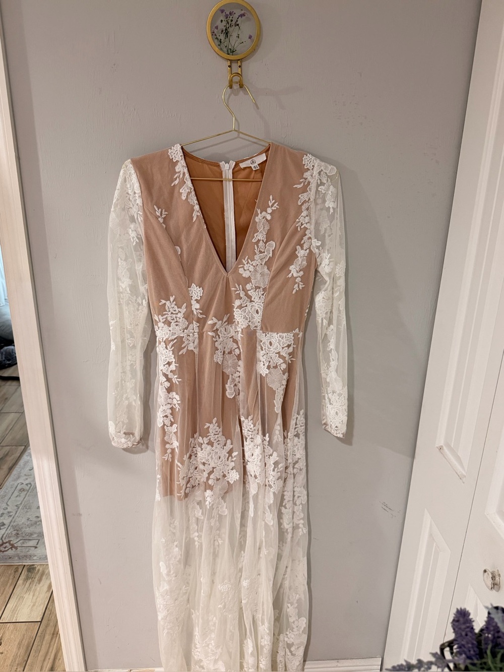 Long Sheer Lace Overlay Dress in Nude and White